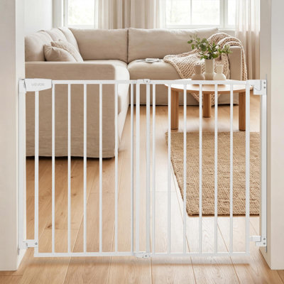 Baby Gate for Stairs, 28-43 in Adjustable Width, 30 in High Dog Gate, No Bottom Bar, One-Handed Operation, Easy Drilling Installation with Hardware Kit, for Stairs, Doorways, and House, White
