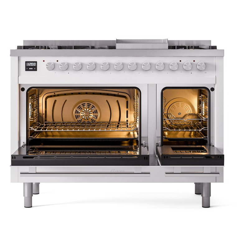 Cuisinière à double combustible ILVE Professional Plus II Series 48 po avec 8 brûleurs scellés, plaque de cuisson (propane liquide, porte vitrée)