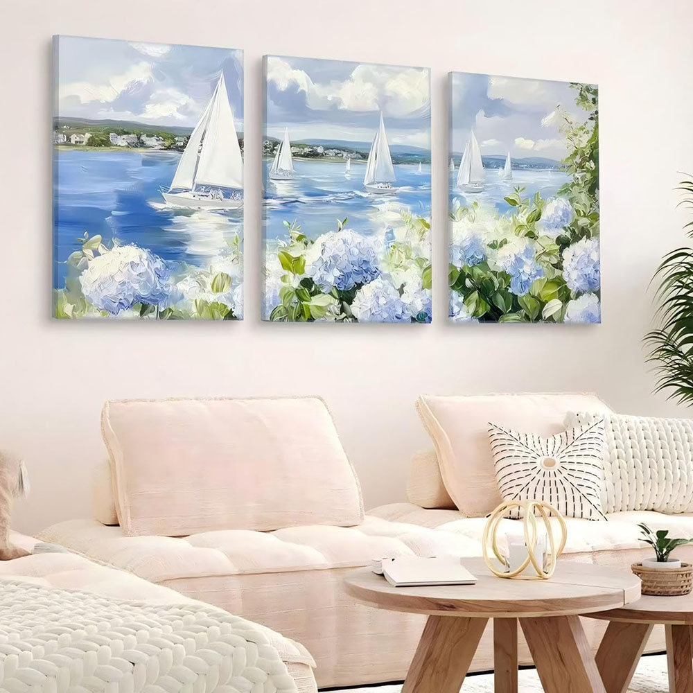 Vintage Floral Blue Coastal Wall Art Sailboat & Hydrangea Pictures Wall Decor Grandmillenial Nautical Preppy Posters Seaside Garden Painting Print Art