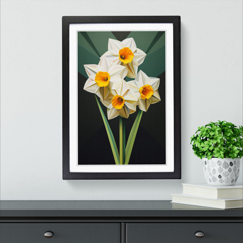 XYZ-FRM-V1223-480 Daffodil Flower Geometric No.2 - Single Picture Frame Print on Wood, Black, 34cm H x 25cm W x 2cm D