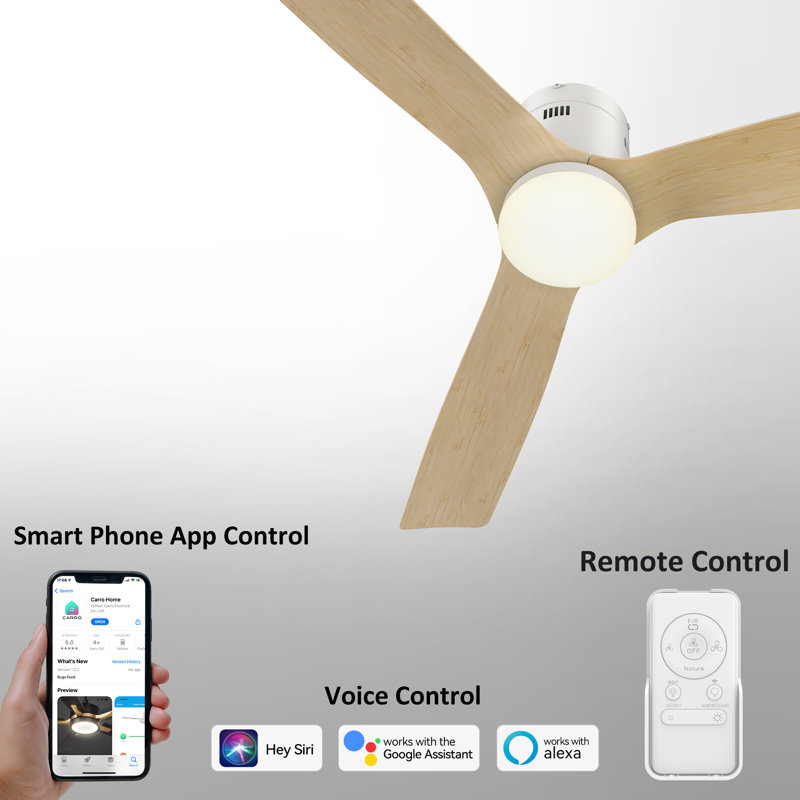 Ventilateur de plafond intelligent à courant continu de 52 pouces avec lumière, tige et télécommande