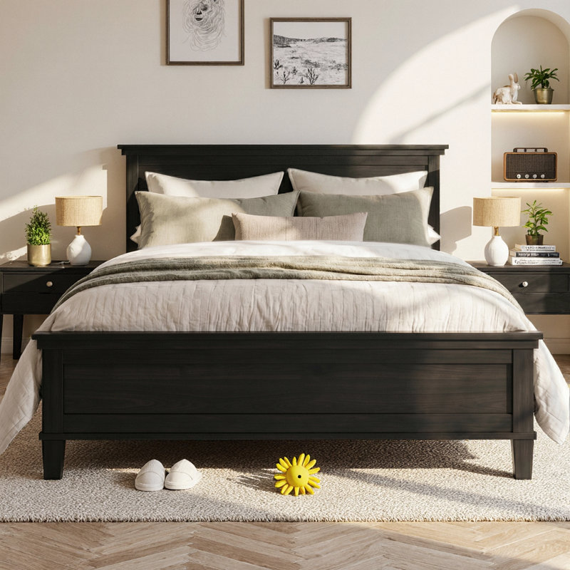 Lit plateforme très grand Mid-Century en bois avec tête de lit, finition noir anthracite, pieds fuselés en pin massif, support à lattes de bois, aucun sommier requis, rangement sous le lit de 8,2 po, capacité de 800 lb