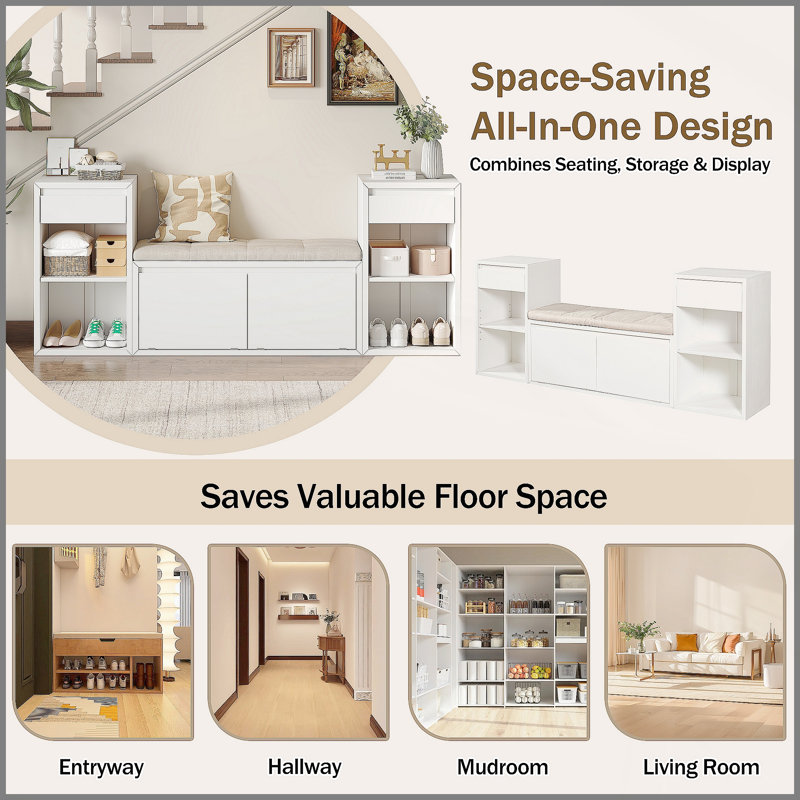 Banc de rangement tout-en-un avec coussin, compartiments, tiroirs et tablettes ouvertes, banc de rangement pour couloir, vestibule, salon (blanc)