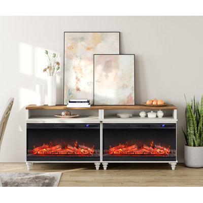 Sideboard Cabinet With Storage Shelf, Vintage Wood Grain Design, Buffet Cabinet With 36" Electric Fireplace, Coffee Bar For Dinning Room, Kitchen And Living Room, White, 75 Inch