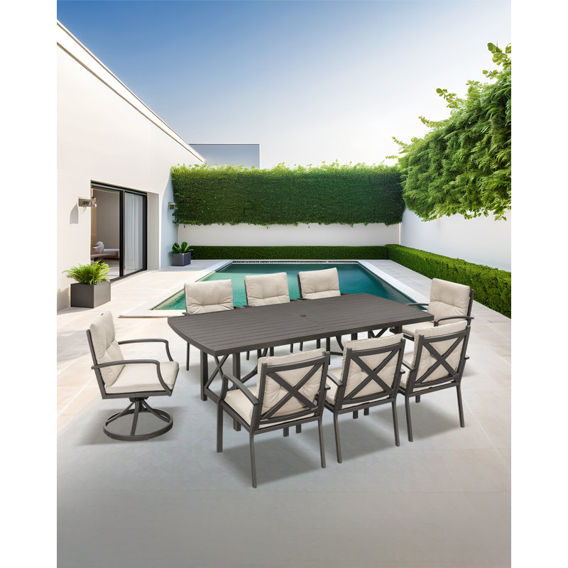 Seehill 9 Pieces Outdoor Dining Set, Aluminum Patio Dining Set For 8, Patio Table And Chairs Set With 2 Swivel Rocker Chairs, Patio Furniture Set With Umbrella Hole For Decks, Garden, Lawn, Gunmetal