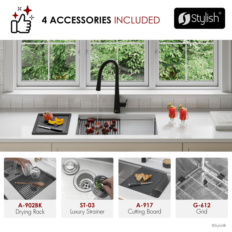Évier de cuisine encastré à simple cuve en acier inoxydable avec accessoires noirs de 25 pouces
