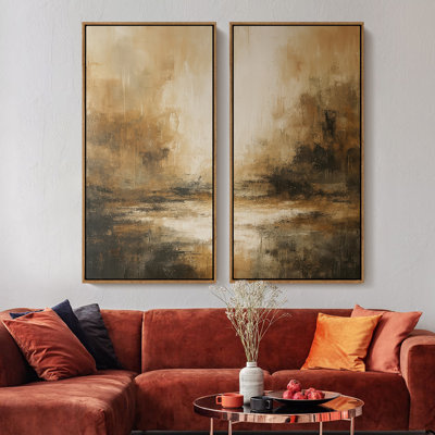Brown Dramatic Clouded Horizon - Set of 2 Framed Wall Art Print on Canvas 60"x20"x2pcs, 60"x30"x2pcs