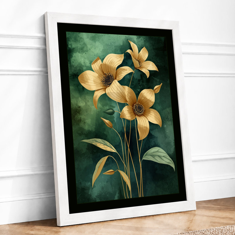 Golden Blooms Study Botanical - Framed Print, A2 - 59.4 x 42.0 cm, White