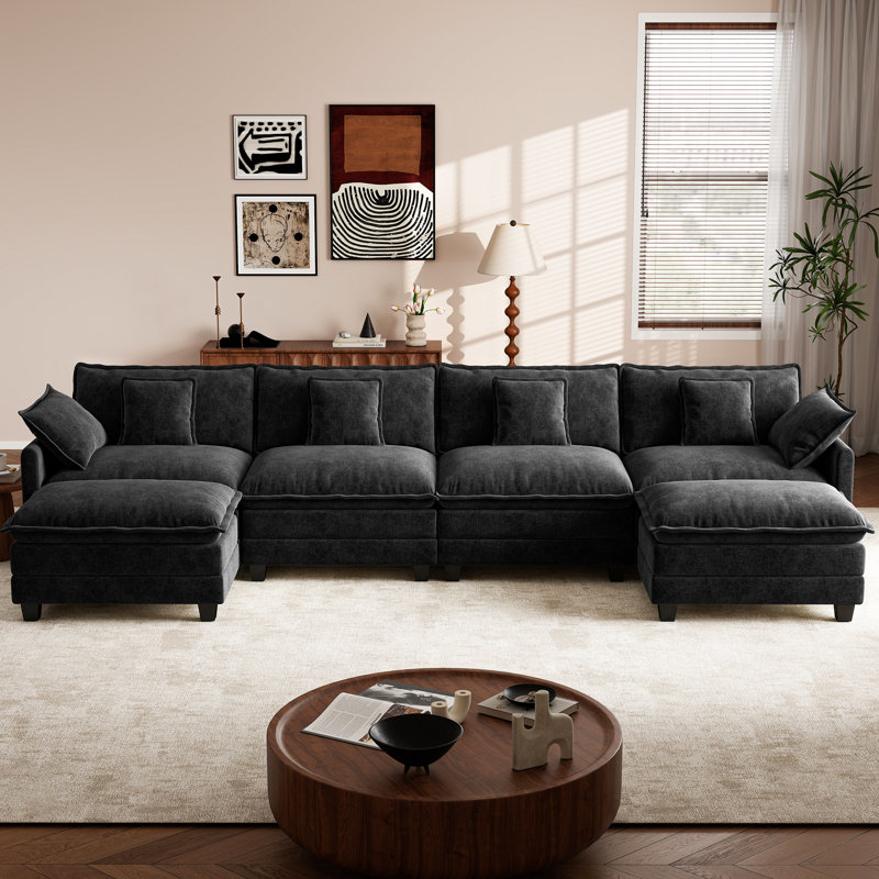 George 146.5" Modern 6 Seat Chenille U Shaped Modular Sectional Sofa With Two Ottomans, Black Chenille