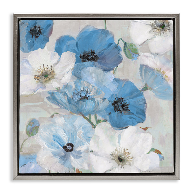 «Mixed Blue & White Blooms Brown» par Sally Swatland, Cadre flottant gris lustré, H 18 po x l 18 po