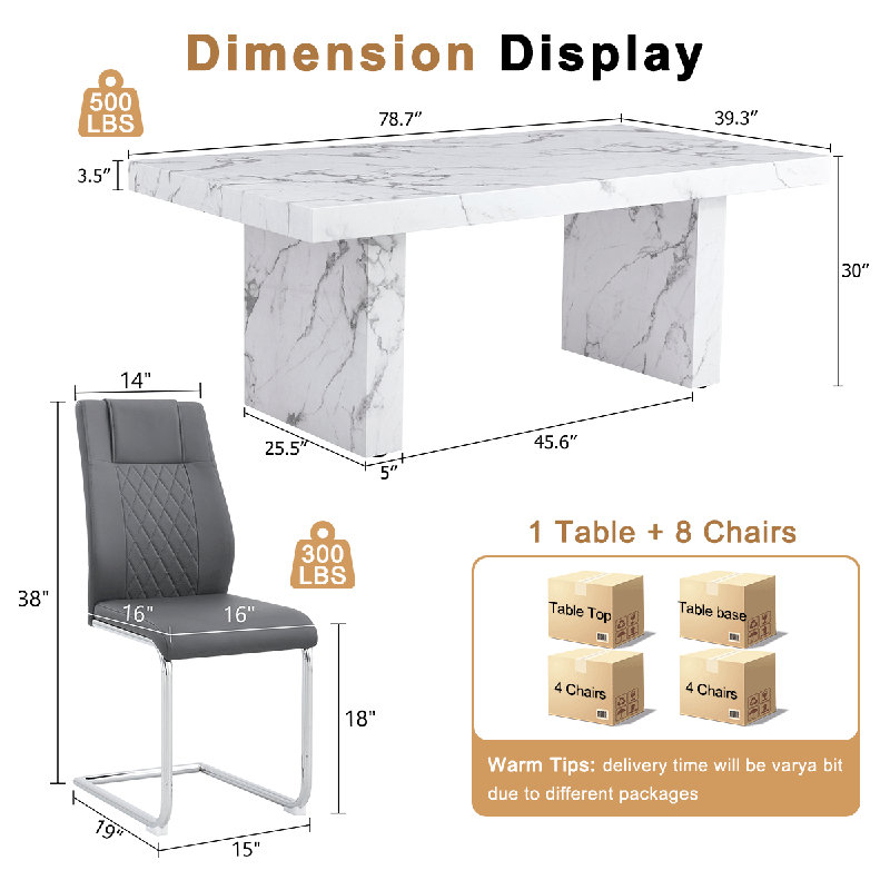 9 Piece Dining Table Set, 79" Marble Patterned Dining Table Set For 8, Dark Grey, 9 Pieces: Table, 8 Chairs