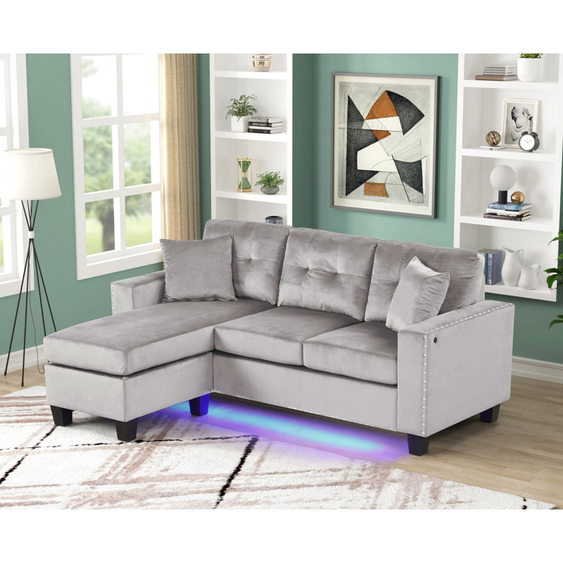 Sorrento 74"W Reversible Sectional Sofa Chaise With Led Light, Usb Port, Nailhead Trim, Throw Pillows, Tufted Cushion