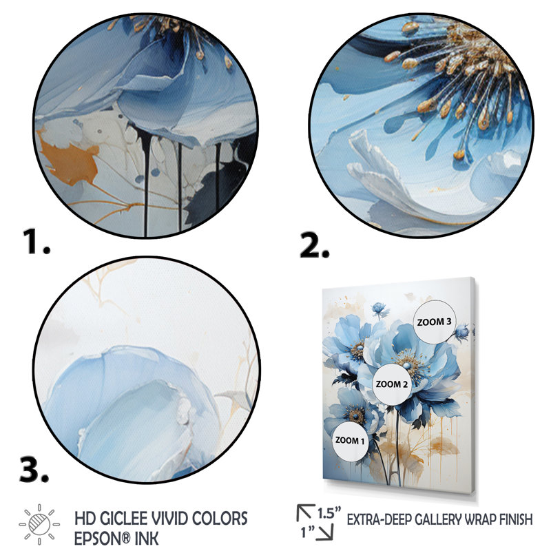 «Blue Minimalisme Daisy Flower II», reproduction sur toile florale, H 40 po x l 30 po x P 1,5 po, Cadre flottant doré