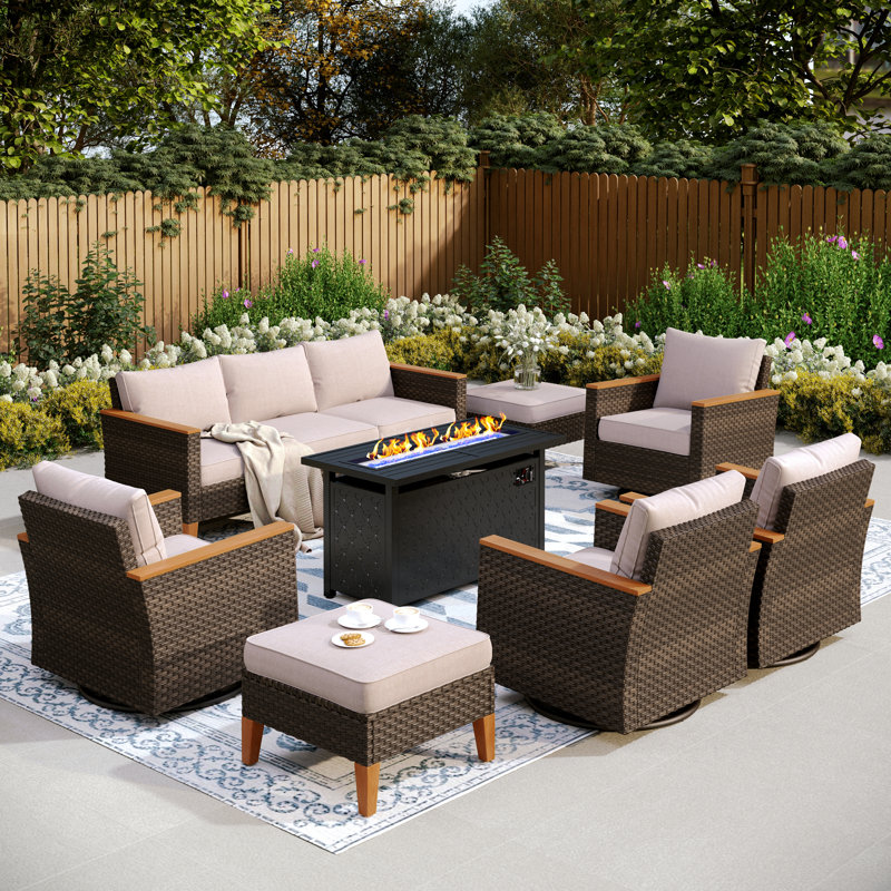 Argyri Outdoor Wicker Patio Conversation Furniture Set With Swivel Chairs And Firepit Table