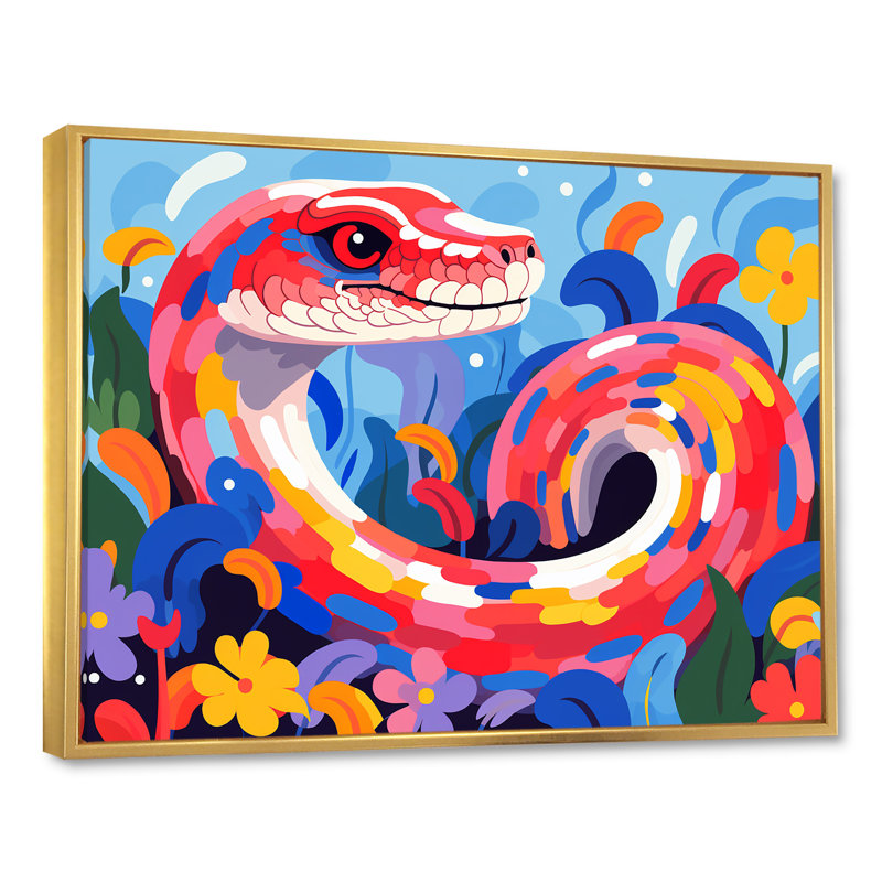 Popart Snakes Grace - Art mural animal serpent, Cadre doré à coins fermés, H 34 po x l 44 po x P 1,5 po