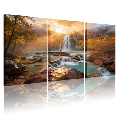 Ensemble de 3 tableaux sur toile représentant un paysage d'automne avec cascade