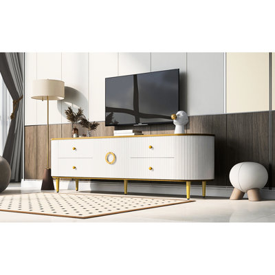 Contemporary Tv Stand With 4 Drawers And Storage, White , Metal Legs, Suits 70-79 Inch Tvs, Living Room Essential, Modern Touch Legs Handles, 1 Cabinet, Fits Tvs Up To 80 Inches, Home Decor