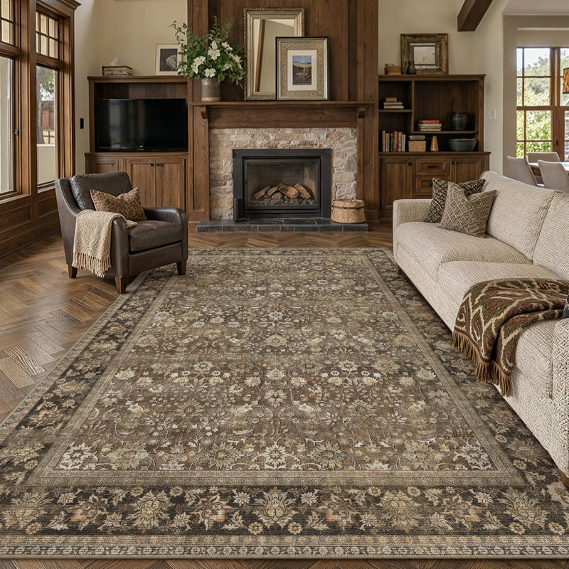 Tapis traditionnel lavable Cohen, Brun, Rectangulaire 8 pi x 10 pi