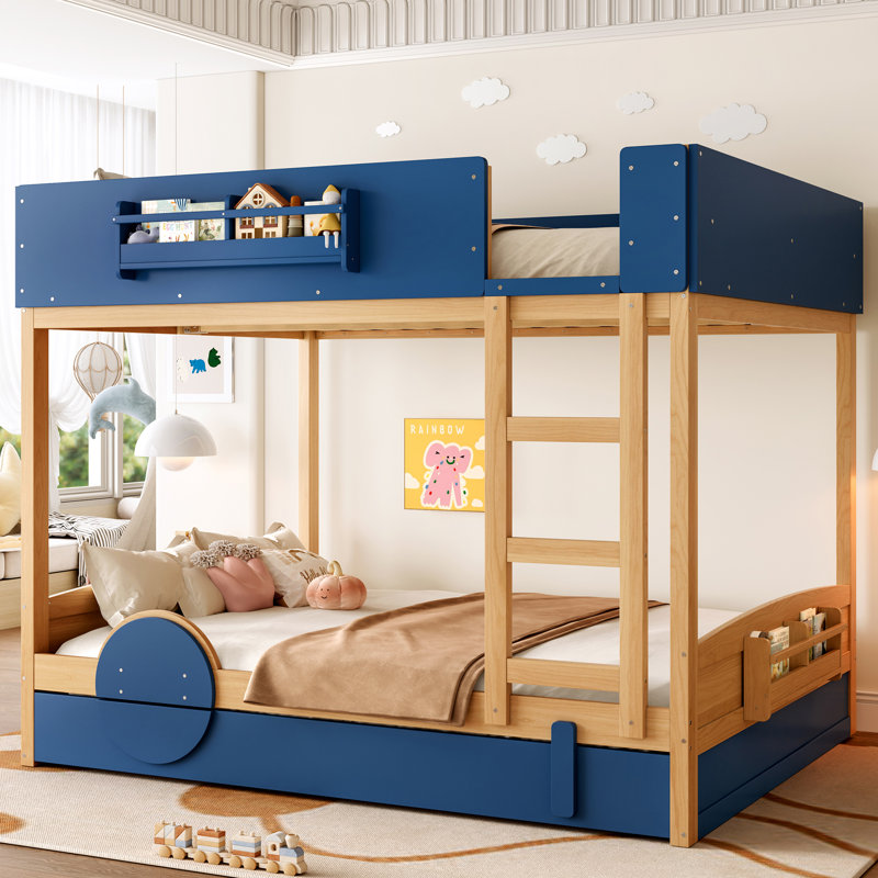 Grand lit superposé avec lit gigogne, cadre de lit superposé en bois avec bibliothèque intégrée et garde-corps de sécurité de haute qualité, conception de forme d'automobile pour enfants, bleu, naturel