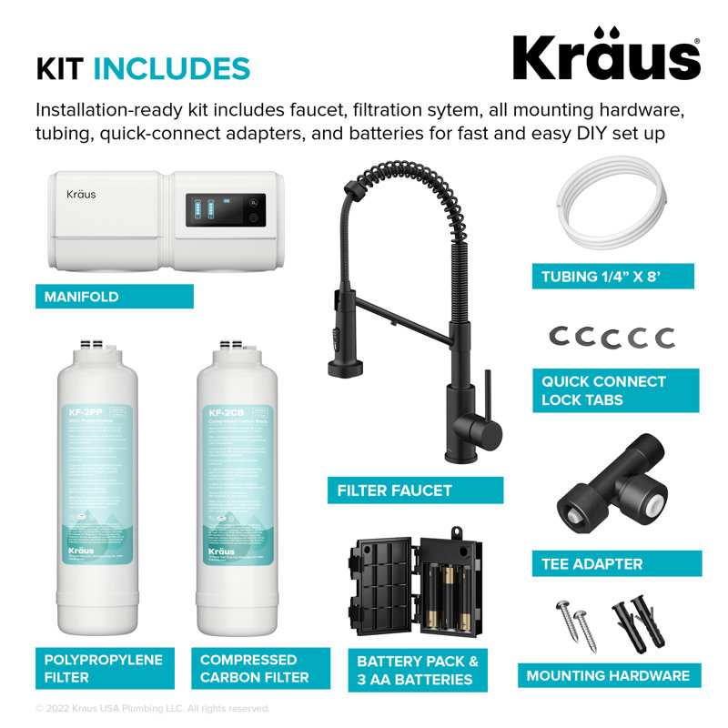 KRAUS Bolden 2-In-1 Commercial Style Pull-Down Single Handle Water Filter Kitchen Faucet In Spot-Free With Purita 2-Stage Under-Sink Filtration System