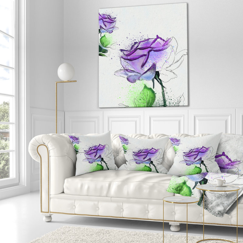 Fleurs bleues roses avec feuilles vertes - coussin à imprimé floral, 18 po x 18 po, Coussin décoratif