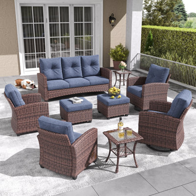 Lark Manor™ 9 Pieces Patio Furniture Set with Swivel Chairs, Rattan Wicker Rocking Glide Chairs with Ottomans Conversation Set