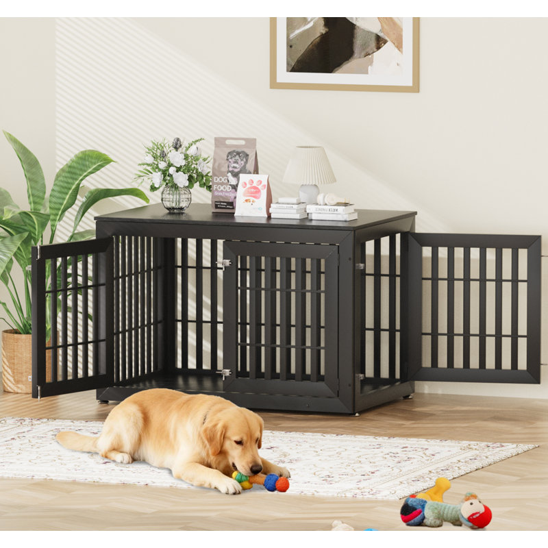 Meuble de rangement robuste pour chien de 48 po pour petits, moyens et grands chiens, meuble d'intérieur rustique en bois pour chenil avec dessus imperméable, table d'appoint décorative pour animal de compagnie (noir)