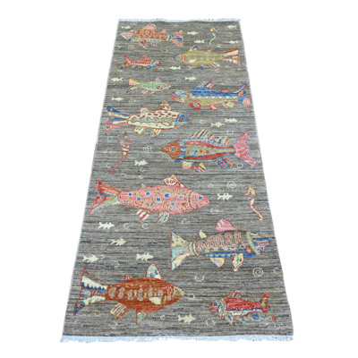 Tapis de couloir oriental oriental brun 2 pi 7 po x 6 pi avec motif de poissons océaniques colorés en laine douce et veloutée noué à la main