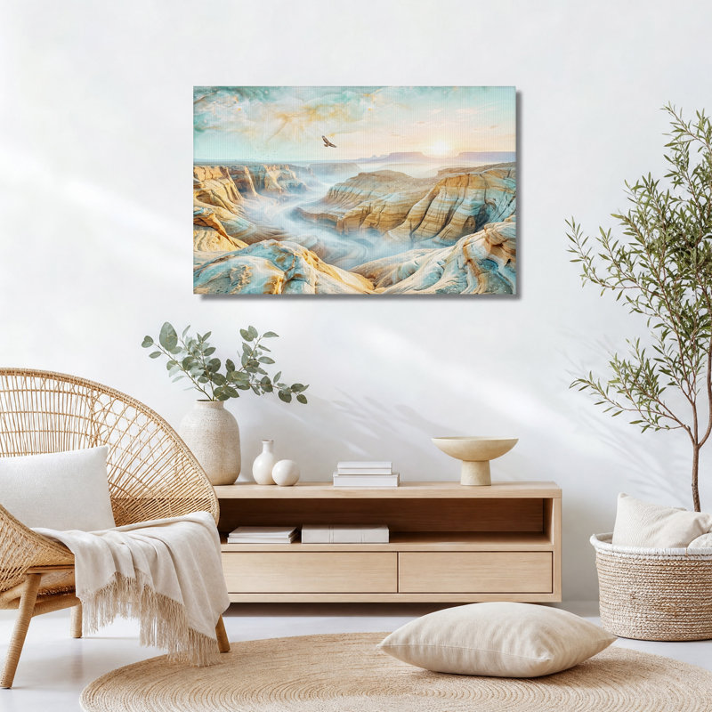 Paysage de canyon turquoise et orange avec oiseau, tableau sur toile, 24"H x 36"W