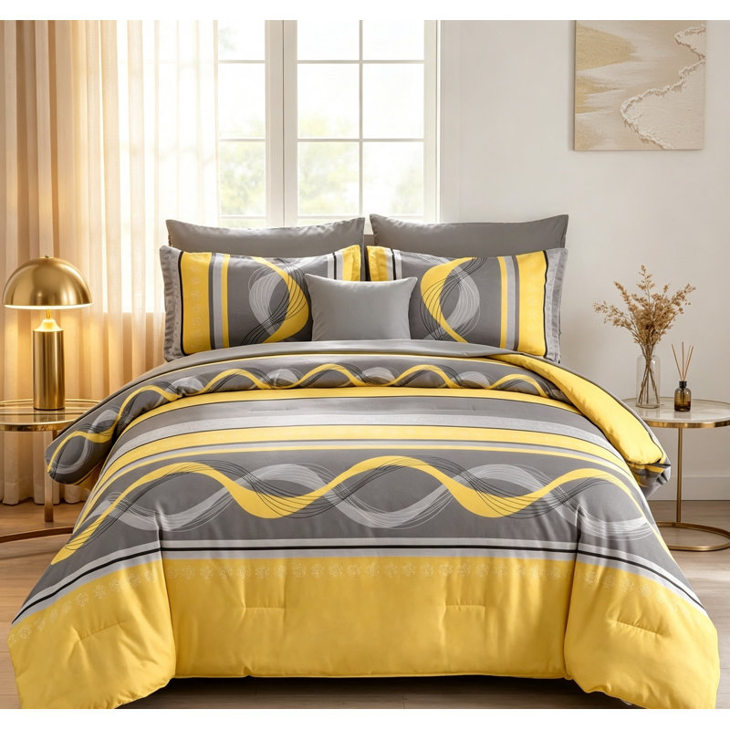 Ensemble de couette jaune Queen 8 pièces, style bohème rayé