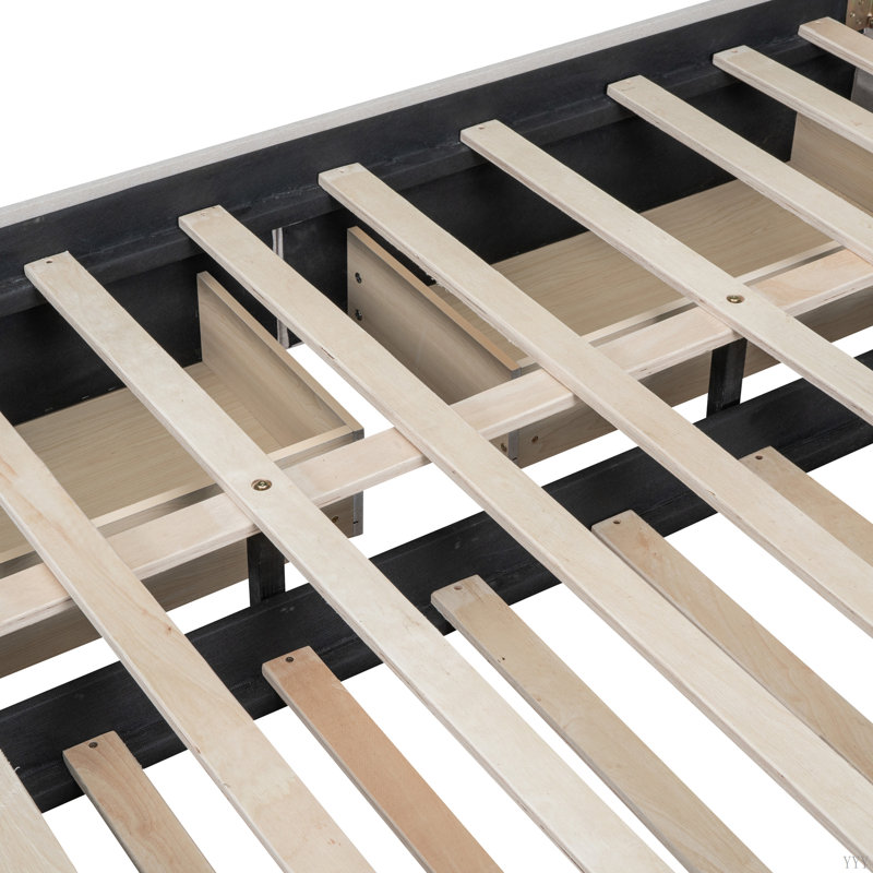 Lit plateforme tapissier avec 2 tiroirs et 1 lit gigogne simple TG, tête de lit classique, Beige, Grand lit