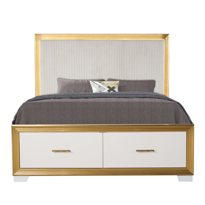 Javario Queen 3PC White & Gold, Queen, 3 Pcs: Bed, 2 Nightstands