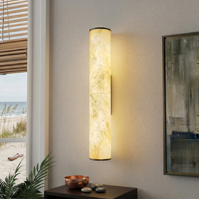 19.7" Cylinder-Shaped LED Dimmable Alabaster Wall Sconce With Black Metal Fixture