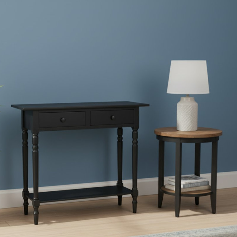 Modern & Elegant Barrackville Rustic 38'' Console Table –Black Pine with Drawers, Open Shelf Storage, Black