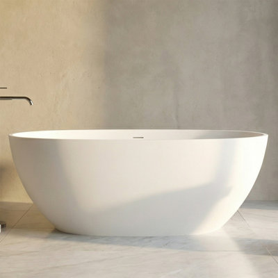 55" Stone Resin Matte Elliptical Freestanding Bathtub, Ergonomic Curve, Deep Soaking Design, Integrated Molding, Hidden Overflow, Pop-Up Drain