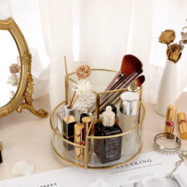 PuTwo Makeup Brush Holder Cosmetic Organizer Brass Glass Vintage Storage  with White Pearls, Golden 