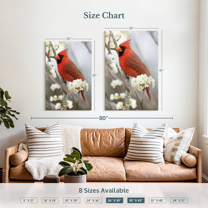 Brampt Northern Cardinal On Flowery Branch, 45" H x 30" W
