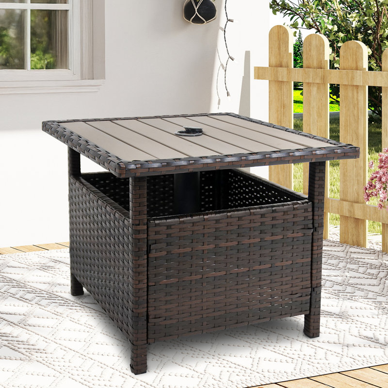 Latassha Wicker Side Table with Umbrella Hole, Brown