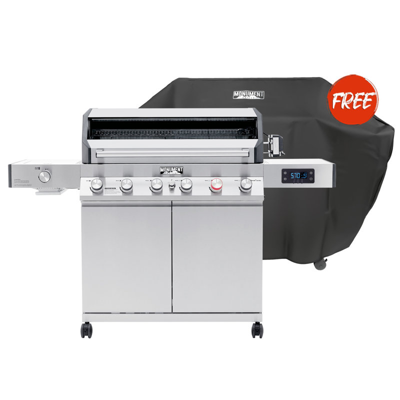Monument Grills Denali 605Pro 6+1 Burner Smart Propane Gas Grill, 78,000 BTU Stainless Steel Grill with Infrared Sear Burner, Bluetooth App, Rotisserie Kit & Grill Cover