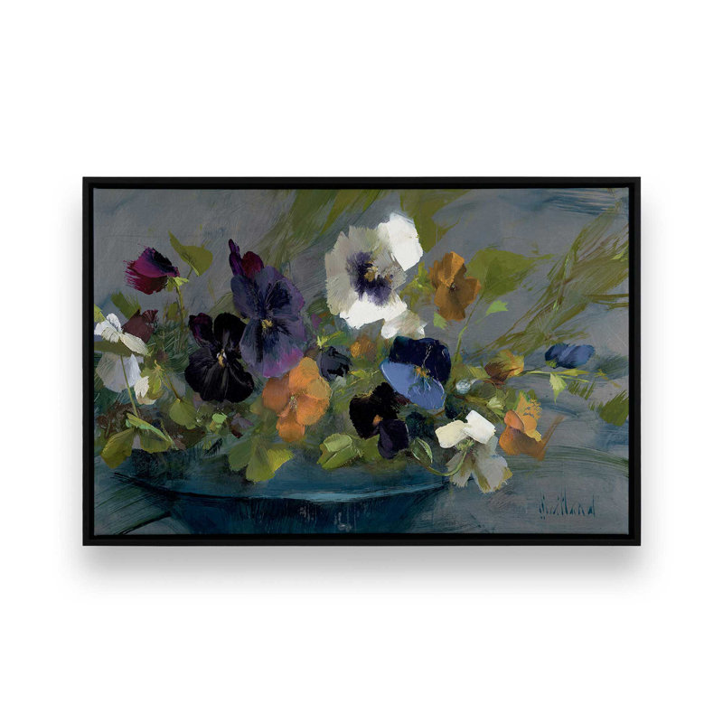 Vivid Pansy Arrangement Rolled, Satin Black Floater Framed, 12.75" H x 18.75" W x 1.75" D