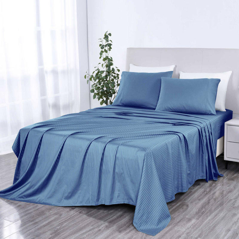 Ensemble de draps rayés Bibb Home 1000 fils - 100 % coton égyptien, Très grand lit, Bleu