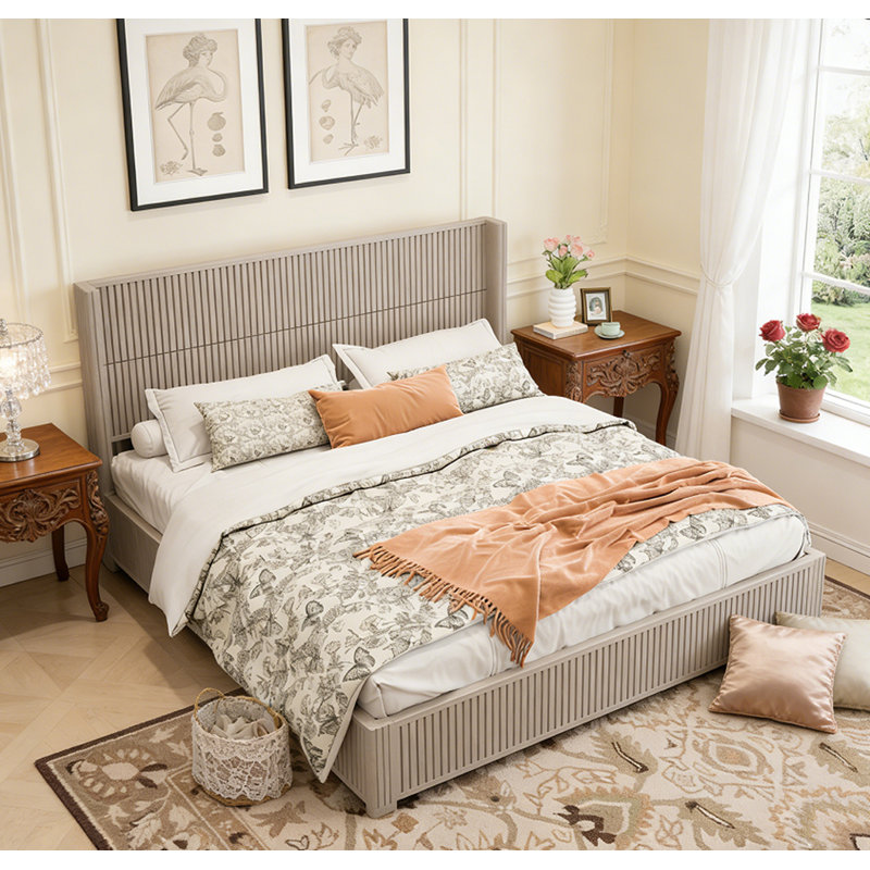 Structure de lit plateforme en bois massif, Beige, Grand lit