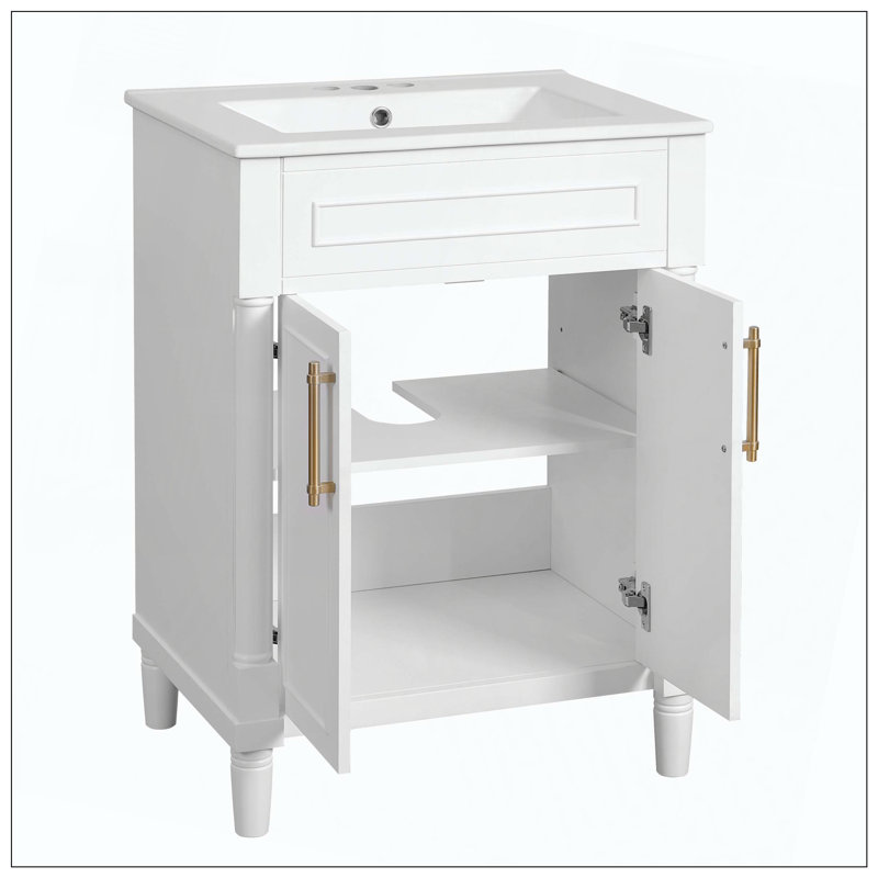 Meuble-lavabo simple avec portes de lavabo en céramique intégrées, White