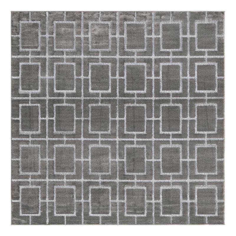 Glam Geometric Gray Silver Area Rug, Square 7'10"