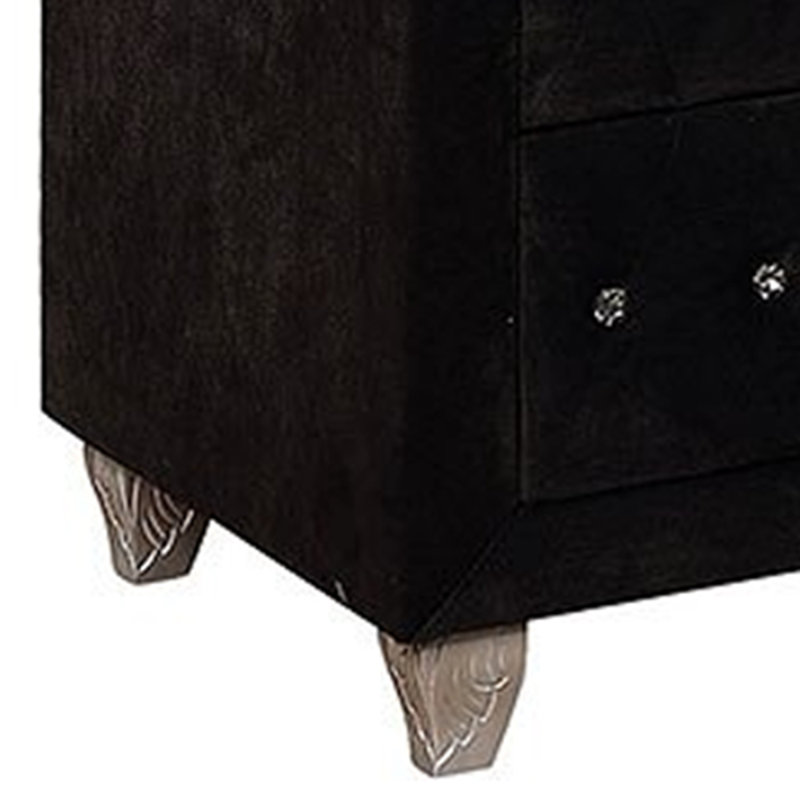 Rea Tall Dresser Chest, 5 Drawers With Crystal Knobs, Black Velvet Upholstery, Black