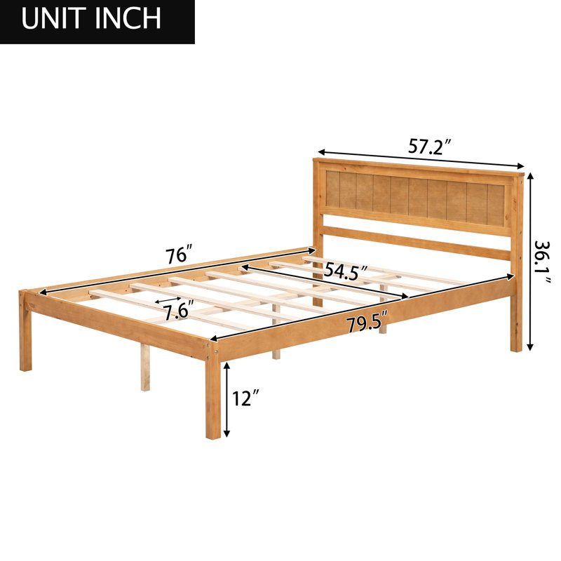 Lit plateforme double en chêne avec tête de lit et support stable - lattes de bois, aucun sommier requis, couleur du cadre