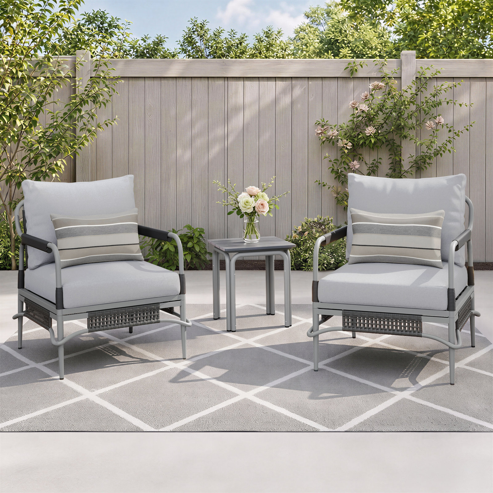 Hope 2 - Person Patio Conversation Set with Cushions, Light Gray Frame/Light Gray Polyester Cushion