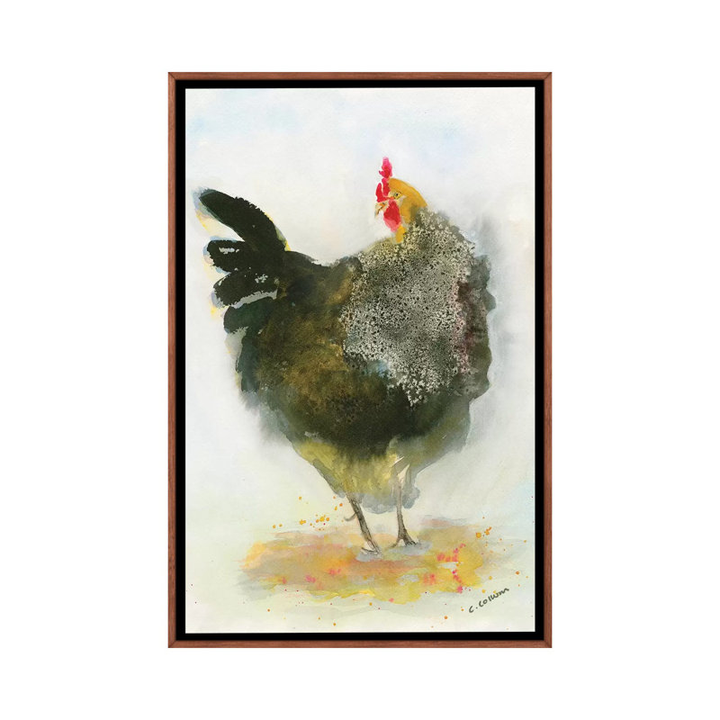 Hen Hen No. 1 par Connie Collum - impression d'art graphique, Toile avec cadre en bois brun classique, Aucun mat