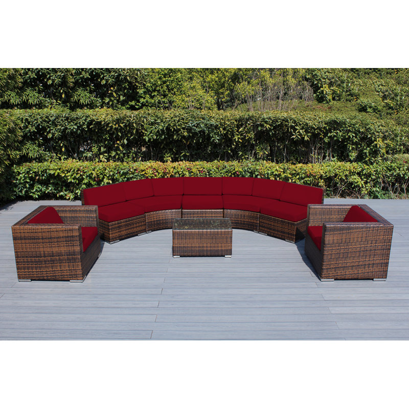 Ensemble de conversation incurvé 7 personnes avec coussins Billyjo Wicker, Mélange de bruns, Polyester rouge
