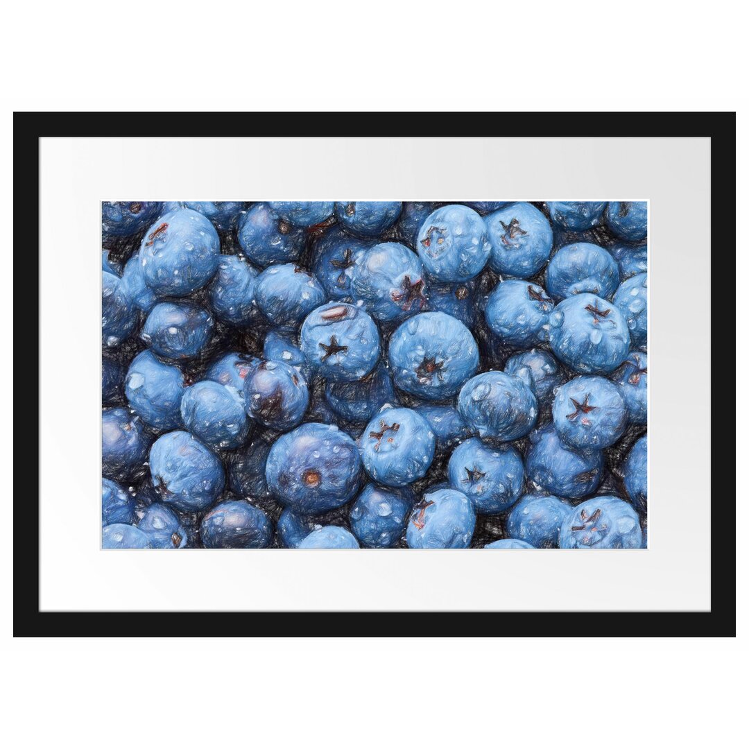 Gerahmtes Poster Blaubeeren mit Wassertropfen